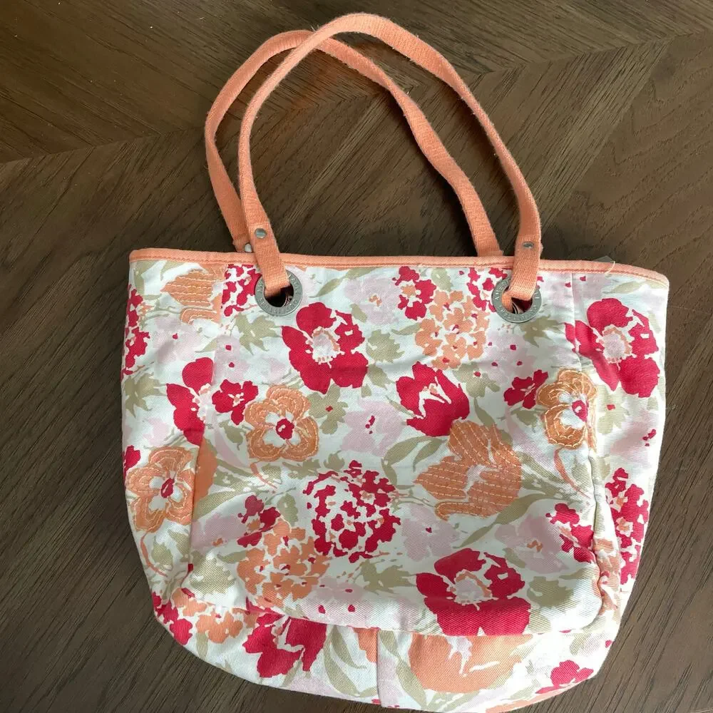American Eagle Floral Sequined Canvas Tote Bag Cloth Shoulder Salmon Peach